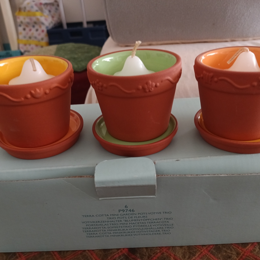 3 PartyLite Orange and Green Garden Pot/Candle Holders -new in box
